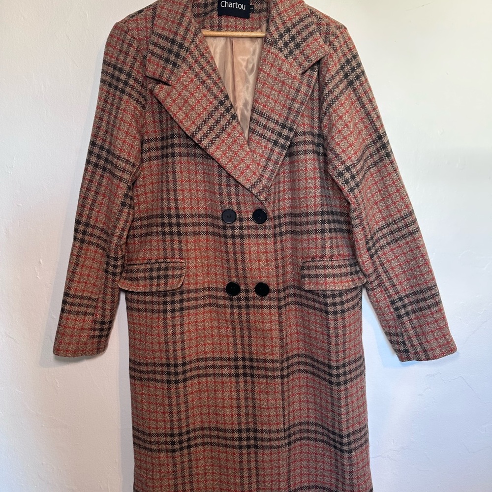 Chartou Women's Red and Black Plaid Trench Coat